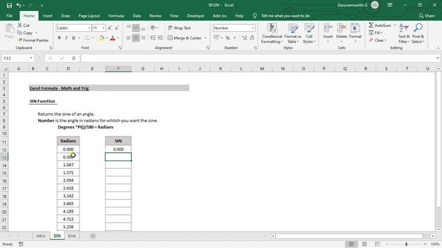 Excel SIN function смотреть онлайн