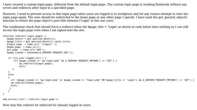 Wordpress: Prevent access to custom login page for logged in users смотреть онлайн