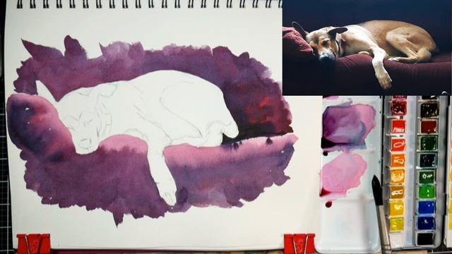 Puppy Napping in the Sun Real Time Watercolor Tutorial 4 color Limited Palette смотреть онлайн