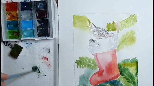 Рисую акварелью | Открытка к Новому году | Как нарисовать Новогоднию открытку | Рисуем котика смотреть онлайн