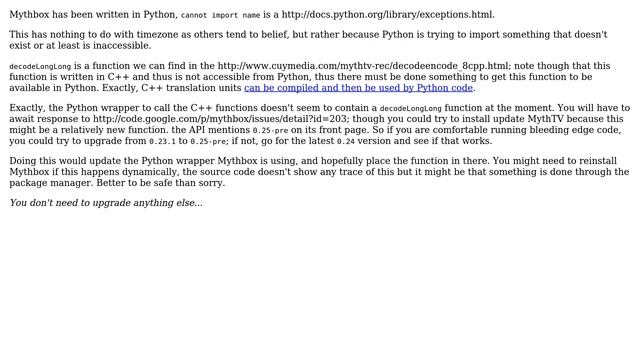 (Mythbuntu) After upgrading to XBMC 11, Mythbox now says "cannot import name decodeLongLong"? смотреть онлайн