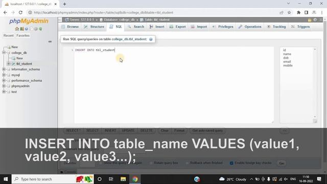 How to insert data into table using phpMyAdmin || Insert data using SQL query смотреть онлайн