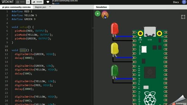 Online Raspberry Pi Pico Simulator - Learn - Create - Share - Traffic light simulator смотреть онлайн