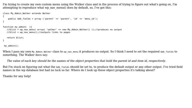 Wordpress: Custom menu with Walker class - what should the $db_fields be? смотреть онлайн