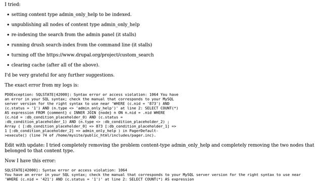 Drupal: Search index stuck at 0%, mysql error on public search, can't clear error смотреть онлайн