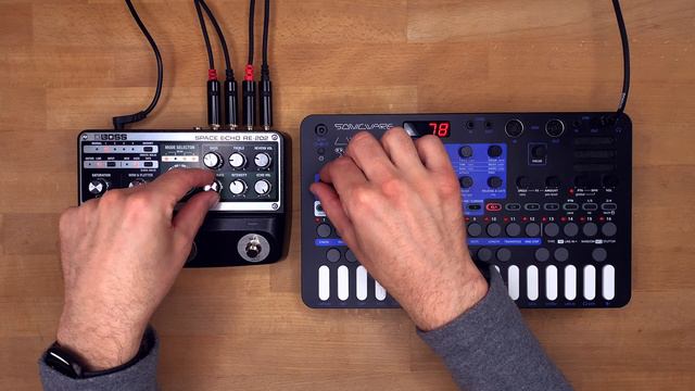 BOSS RE-202 SPACE ECHO With Liven XFM Synthesizer Sound Demo (no Talking)