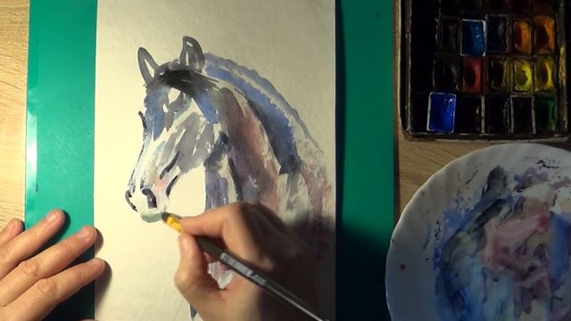 Как нарисовать коня (лошадь) акварелью. Демонстрация рисования смотреть онлайн