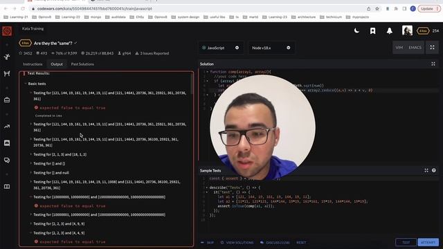 Codewars JavaScript, решение задачи Are they the same смотреть онлайн