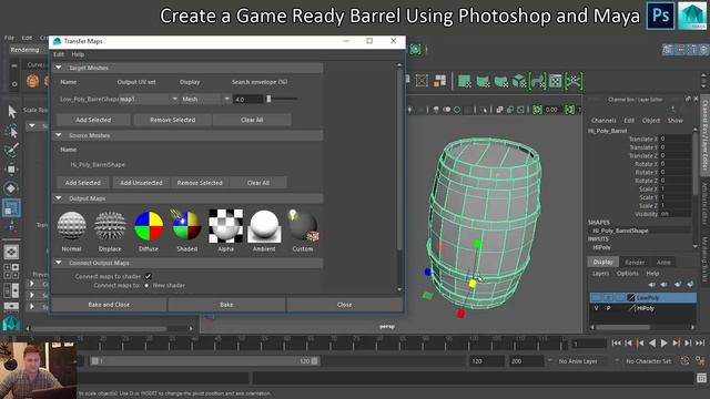 Maya High Poly To Low Poly Tutorial - Game Ready Barrel (Maya, Photoshop)