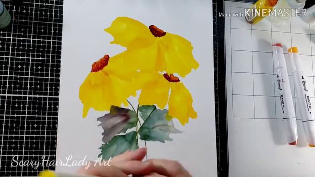 #72 Alcohol Ink yellow Sunflowers / Cone flowers with Leaves смотреть онлайн