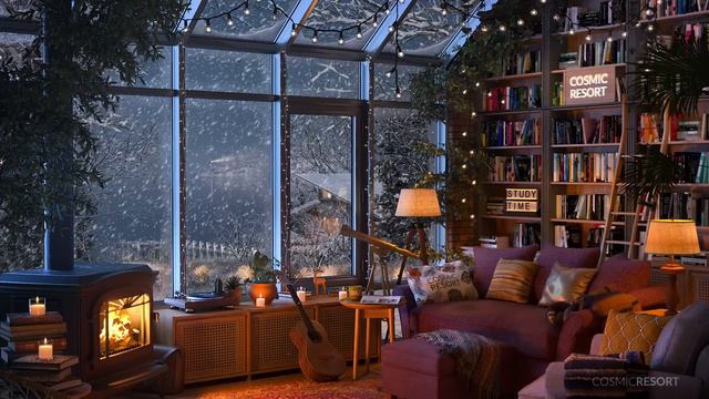 Glass House Home Library Room In Winter With Crackling Fireplace , Snow And Gentle Wind Sounds
