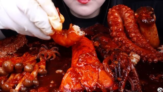 ASMR SPICY SEAFOOD, 해물찜 먹방, SPICY ENOKI  MUSHROOM, 불닭 팽이버섯 먹방, OCTOPUS, SQUID, LOBSTER, 버섯 먹방MUKBAN