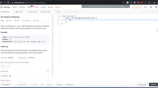 "Maximum Subarray" - LEETCODE #53 - JAVA solution смотреть онлайн