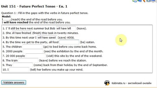 Kabinata.ru (Learn English Online): Unit 151 Future Perfect Tense exercise 1 смотреть онлайн