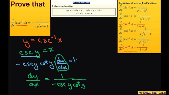 Prove the derivative of csc^(-1) x = -1/(x sqrt (x^2 -1)). Derivatives of Inverse Trig Functions смотреть онлайн