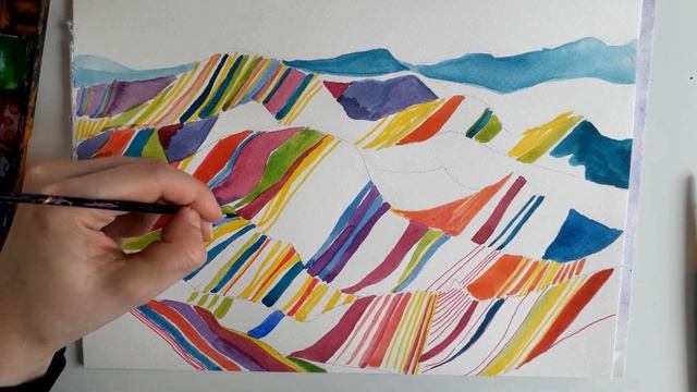 РАДУЖНЫЕ ГОРЫ -ПЕЙЗАЖ АКВАРЕЛЬЮ и МАРКЕРАМИ ? смотреть онлайн