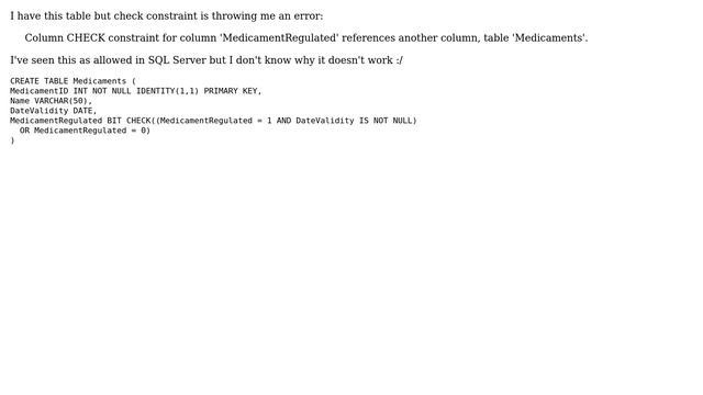 Databases: Check constraint references another column in same table смотреть онлайн