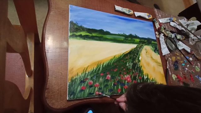 Как написать пшеничное поле, цветочную дорожку маслом на холсте. смотреть онлайн