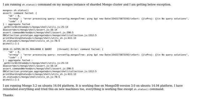 Getting exception on running sh.status() command on MongoDB sharded cluster смотреть онлайн