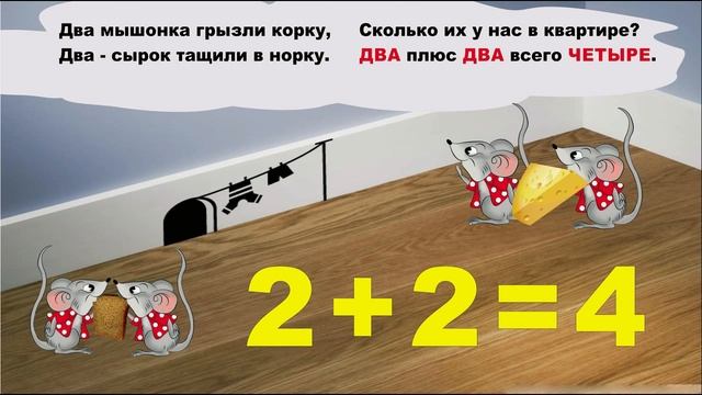 Решаем примеры на сложение 2+2=4. Веселая математика для детей. Короткие стихи. Пример 2+2 смотреть онлайн
