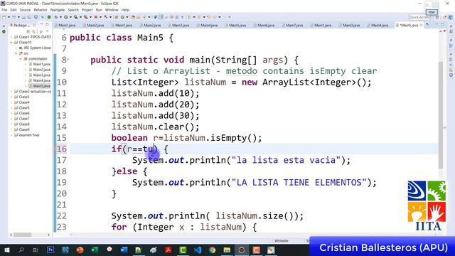 Como usar List y ArrayList metodos contains isEmpty clear en JAVA смотреть онлайн