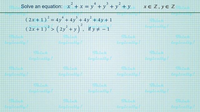 A 4th degree equation for integers: x²+x=y⁴+y³+y²+y. Unusual solving method. смотреть онлайн