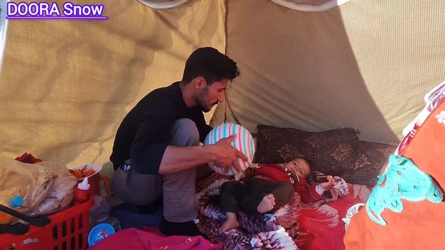 Trickto Protect Child,lifestyle Of Father Single And Two Babies In The Mountains
