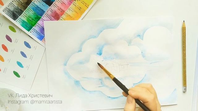 Акварельный живопись, пейзаж, домик на островке ? смотреть онлайн