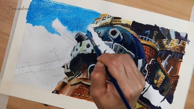 Painting ghibli scene/how to draw clouds and thin line with brush/과슈그림/과슈 지브리/howl’s moving castle смотреть онлайн