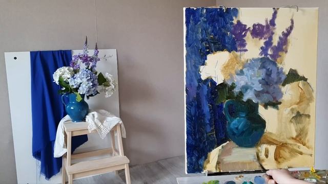 Самый сложный в живописи синий цвет. Натюрморт с голубой гортензией. смотреть онлайн