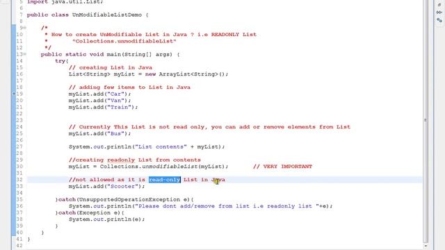 JAVA HOW TO CREATE READ ONLY LIST UNMODIFIABLE DEMO смотреть онлайн
