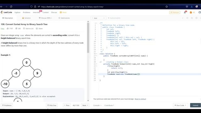 Convert Sorted Array to Binary Search Tree | leetcode 108 | java смотреть онлайн
