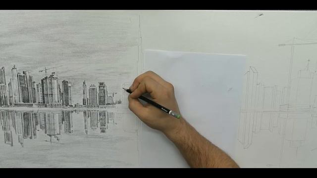 Творчество Ветра. Панорамная картина города ДУБАИ, ОАЭ. Карандаш на холсте 120X40 смотреть онлайн