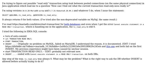 Databases: MariaDB or MySQL @@SESSION.tx_read_only always returns 0 смотреть онлайн