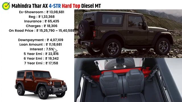2022 Mahindra Thar Price | Mahindra Thar AX 4-STR Hard Top Diesel MT Onroad Price 2022,Loan,Emi