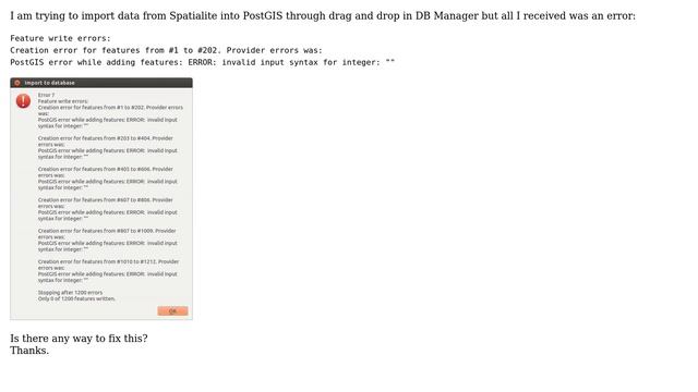 "ERROR: invalid input syntax for integer" importing data from Spatialite into PostGIS through DB... смотреть онлайн