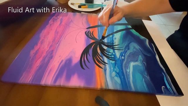 SUPER SIMPLE: Painting a Palm Tree on an Acrylic Paint Pouring Tropical Sunset ?? смотреть онлайн
