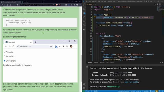 React Curso: 56 Selección Exclusiva por medio Control HTML radio - Prueba Funcional de la Aplicació смотреть онлайн