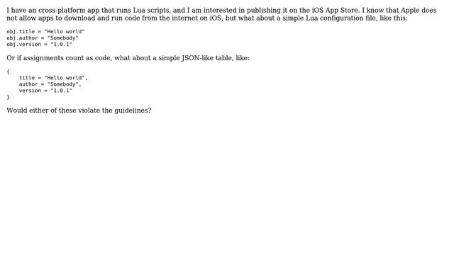 Apple: Can Lua config files be downloaded and executed in an iOS app? смотреть онлайн