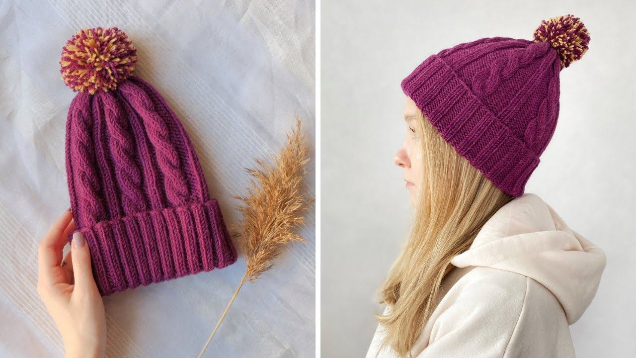 Простая шапка спицами со жгутами | Вязание спицами для начинающих смотреть онлайн