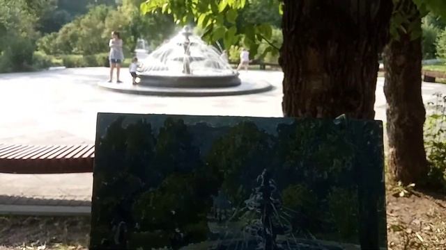 Живопись маслом на холсте на пленэре у фонтана в Парке Сад дружбы, метро Ботанический сад, картина смотреть онлайн