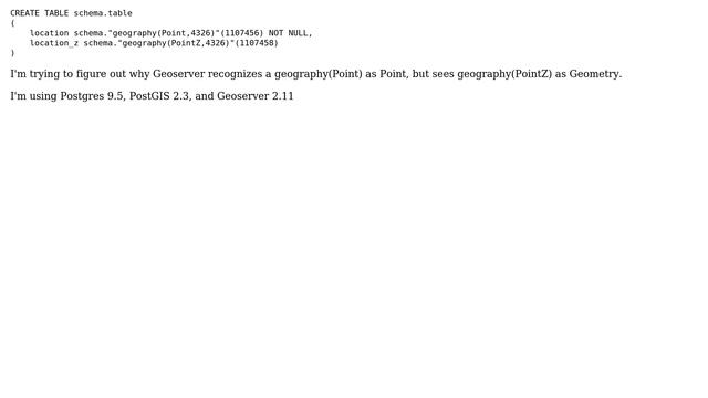 GIS: Geoserver publishes geography(Point) as Point, but geography(PointZ) as Geometry смотреть онлайн