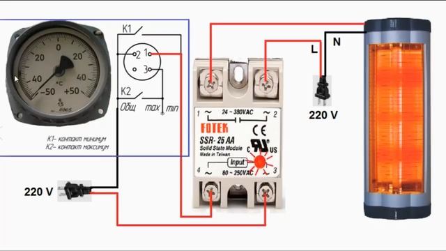 Подключение манометрического термометра ТГП-100 Эк для управления нагревом. смотреть онлайн