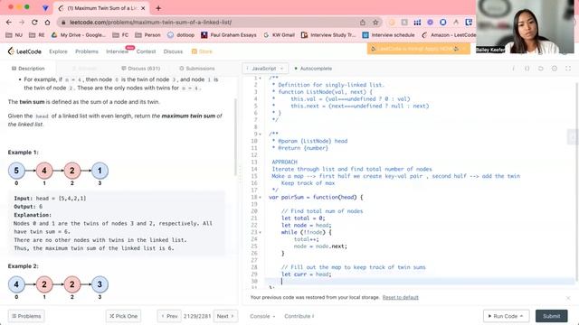 Maximum Twin Sum of a Linked List | Leetcode 2130 | JavaScript JS смотреть онлайн
