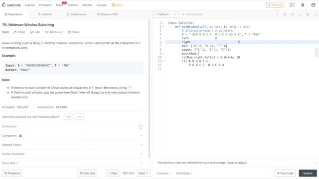 Leetcode 76 (Lintcode 32). Minimum Window Substring - Python Solution [Hard ｜Sliding window] смотреть онлайн