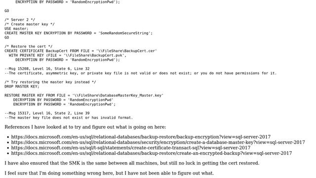 Databases: Issue Restoring Certificate to SQL Server When Different Service Account Used смотреть онлайн
