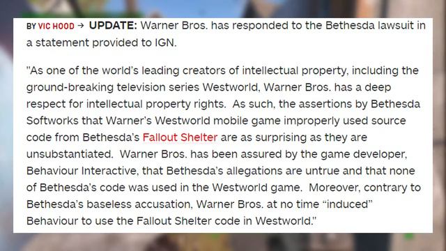 Warner Bros. SLAMS Bethesda Lawsuit! Say They "Didn't Rip-Off Fallout Shelter" With Westworld Game смотреть онлайн