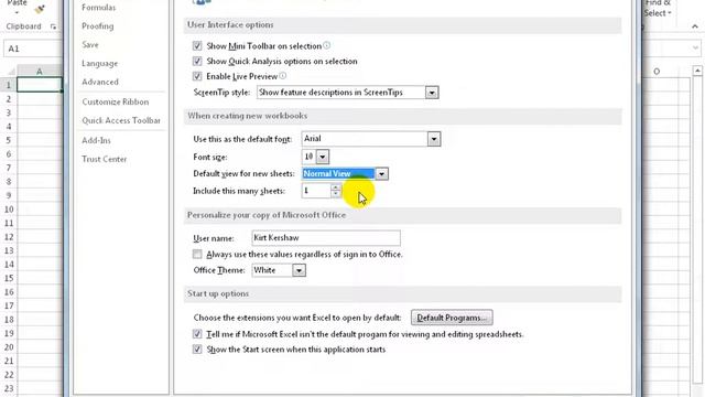 Excel 2013 Office Theme, User Name & Font Default Settings смотреть онлайн