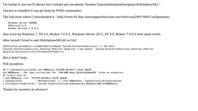 Get exception "System.TypeInitializationException,WebSphereMQ.＜Command Name＞" - mo74_PowerShell смотреть онлайн