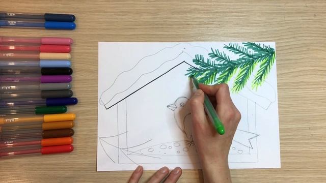 Новогодний рисунок. Кормушка для птиц рисунок. Птица рисунок для детей. Рисунок птицы зимой синица смотреть онлайн